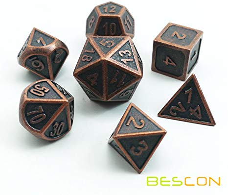 Bescon Antique Copper Solid Metal Polyhedral Dice Set of 7 Copper Metallic RPG Role Playing Game Dice 7pcs Set D4-D20