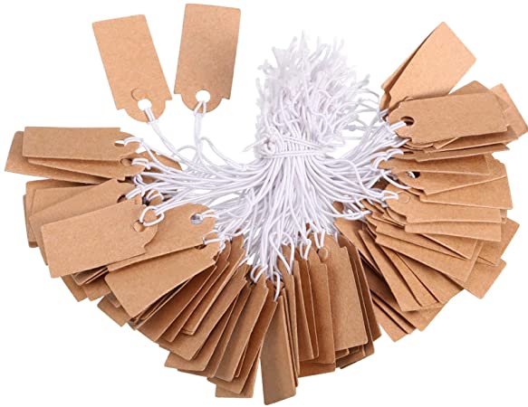 Marking Tags Kraft Price Tags Writable Blank Price Labels Display Tags with Elastic Hanging String, 1.02 x 0.47 Inch (500 Pieces)