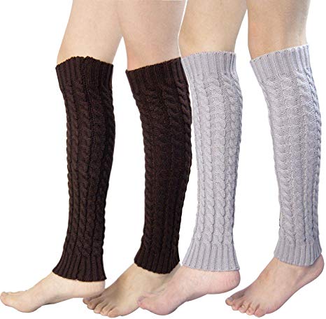2 Pairs Womens Winter Warm Cable Knit Leg Warmers Knitted Crochet Long Knee Socks