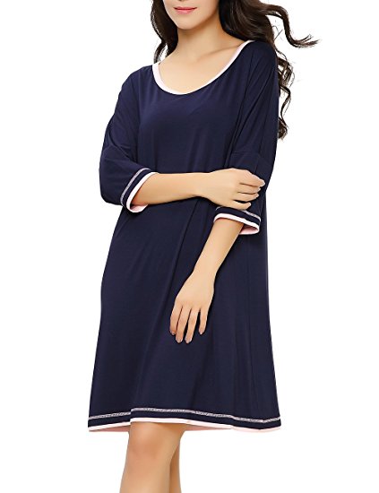 GYS Women's Bamboo Sleepwear 3/4 Sleeve Nightgown, 95% Bamboo Viscose Washable Pajamas (Navy, S-2XL)