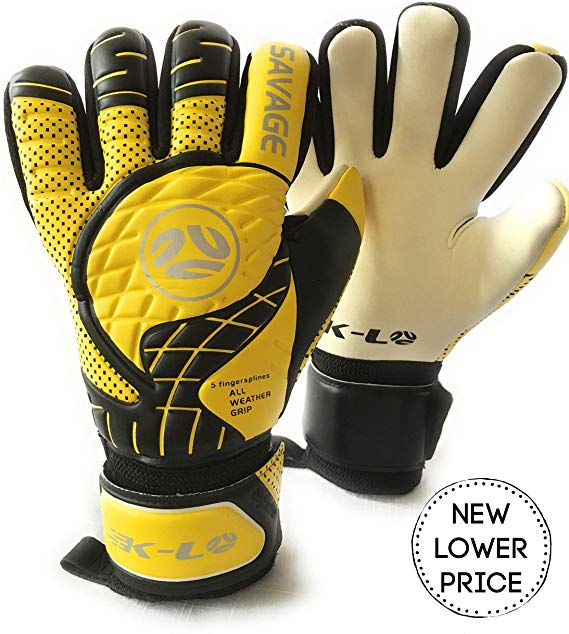 FINGERSAVE Goalkeeper Gloves by K-LO - Savage Goalie Glove Has Fingersave in All 5-Fingers to Prevent Injury and Improve Shot Blocking Sticky Palms.Youth &Adult Sizes