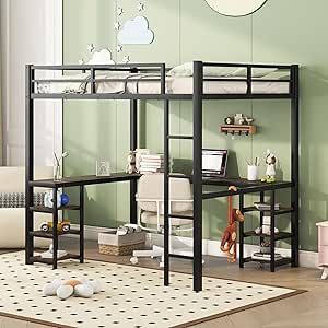 Harper & Bright Designs Metal Full Size Loft Bed with Desk, Loft Bed Full with L-Shape Desk and 6 Shelves, Space Saving Full Loft Bed with Desk Underneath for Kids,Teens,Girls,Boys,Black