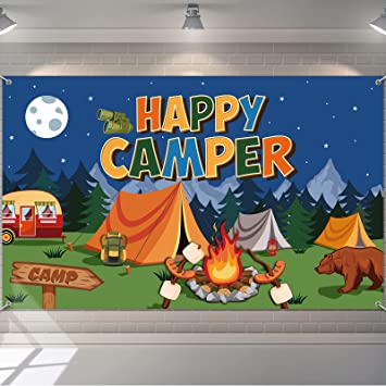 Camping Backdrop Camping Themed Party Decorations Happy Camper Banner Party Supplies Camping Photo Background Wall Hanging Decorations for Boys Kids Teenagers Baby Shower, 70.8 x 43.3 Inch