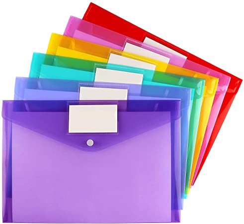 6 Pack Clear Document Folders Plastic Envelopes Poly Envelopes File Envelopes with Label Pocket and Snap Button for Home Work Office Organization, Letter Size/A4 Size, 6 Colors