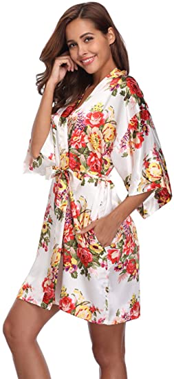 Women's Floral Satin Kimono Robes Short Bridesmaid Robes for Wedding Party