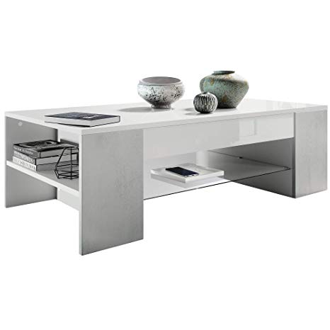 Vladon Coffee Table Side Table Clip in White Offsets in Concrete Grey Oxid