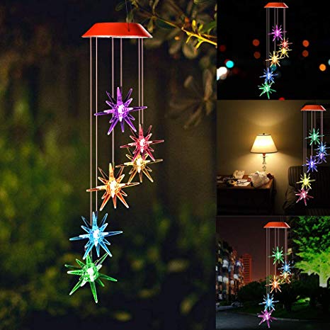 SIX FOXES Solar Wind Chime,Explosion Star Wind Chimes Outdoor LED Light Waterproof Romantic Wind Chime for Home, Party, Festival, Night Garden Decoration