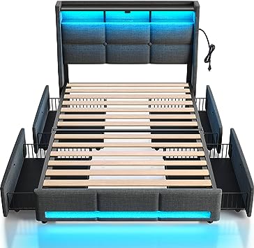 Rolanstar Twin Bed Frame with 4 Storage Drawers, Charging Station and LED Lights, Upholstered Platform Bed Storage Headboard, Heavy Duty Wooden Slats, No Box Spring Needed, Noise Free, Easy Assembly