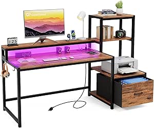 GreenForest Computer Desk with Drawer and Printer Shelf, 59 inch Home Office Desk with LED Lights and Power Outlets, Desk with Storage for Study Gaming Working, Walnut