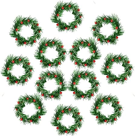 YBB 12Pcs Christmas Candle Rings, Small Artificial Red Berry Wreath Candle Holder Rings, Fits 3 Inch Pillars Candle Tapers for Rustic Wedding Centerpiece Christmas Table Decoration