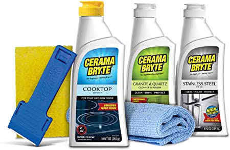 Cerama Bryte Full Kitchen Starter Kit: Cooktop Cleaner, Stainless Steel Cleaner, Granite Cleaner, Microfiber Cloth, Scraper and Pad