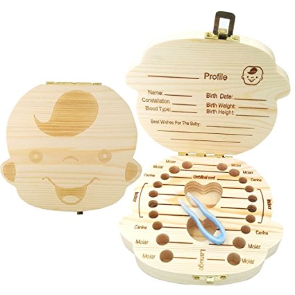 PAMBO Tooth Fairy Box Keepsake For Boys | Wonderful Mothproof Wooden Box, With Carved Spots For Each Deciduous Baby Tooth & Personal Information List | Great Baby Shower Gift | Bonus Tweezers