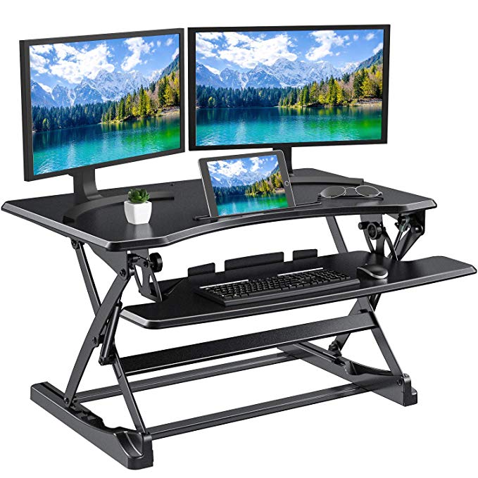 Standing Desk Converter Height Adjustable Sit to Stand Desktop Desk Gas Spring Riser, Perfect Home Office Workstation 35.4 inches for Dual Computer Monitors & Laptop by HUANUO