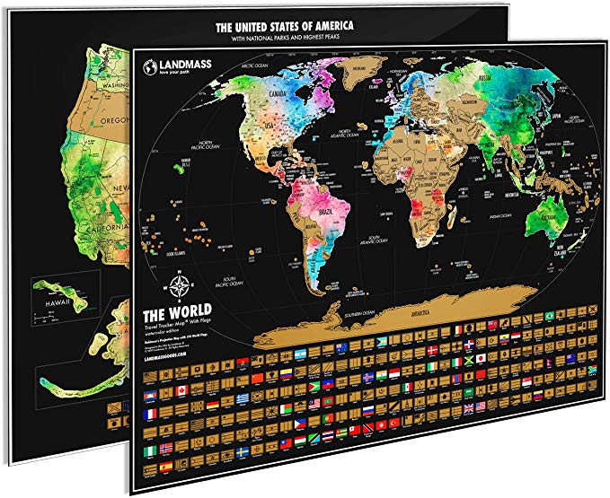 Landmass Scratch Off Map of The World Poster   Scratch Off Map of The United States – Two 24x17” Travel Tracker Maps with Flags – Detailed Cartography - Excellent Gift for Travelers