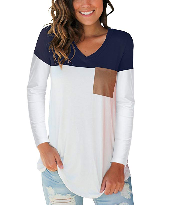 Women's Tops Color Block V Neck Basic Casual Long Sleeve & Short Sleeve T Shirts