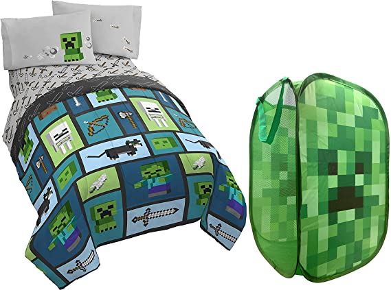 Jay Franco Minecraft Chibi Full Bed Set and Creeper Pop Up Hamper Bundle