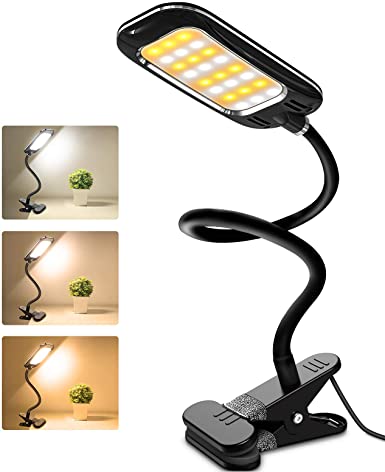 LED Desk Lamps, HOKEKI Bedside Lamp, Table Lamps for Bedroom, clamp Light, Office Lamp, 3 Lighting Modes, Adjustable Brightness, USB Charging, 360° Flexible Gooseneck Book Light