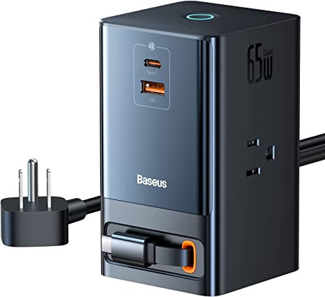 USB C Charger Baseus PowerCombo 65W, 6-in1 Charging Station with Retractable USB-C Cable, 3 Outlets, USB A, USB C Ports, Surge Protector Power Strip for MacBook Pro, iPhone, Laptop, Multiple Devices