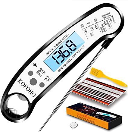 Instant Read Meat Thermometer, KOFOHO Ultra Fast Digital Food Thermometer Foldable Probe Best Waterproof Quick Read Thermometer for Kitchen, Outdoor Cooking, BBQ, Grill- Black