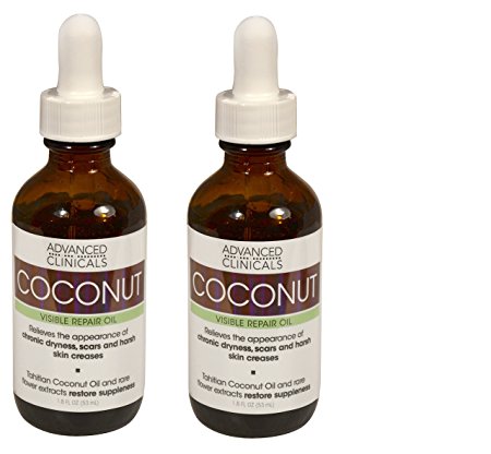 Advanced Clinicals Coconut Oil for Skin. 2-pack value set! Repair Coconut Oil for Face, Body and Hair. For Chronic Dryness, Scars, Stretch Marks and Harsh Skin Creases. Two 1.8 Fl Oz bottles