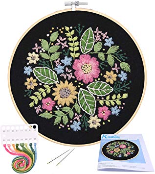 Full Range of Embroidery Starter Kit with Pattern, Kissbuty Cross Stitch Kit Including Stamped Embroidery Cloth with Pattern, Bamboo Embroidery Hoop, Color Threads and Tools Kit (Flower Bloom)