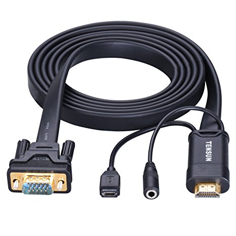 Tensun 1080P HDMI to VGA Video Converter Adapter Cable 6ft / 1.8 Meters with 3.5mm Audio Output and External Micro USB Power Supply for HDTV DVD STB Laptop PC Projector PS3/PS4 Blu-ray Monitor