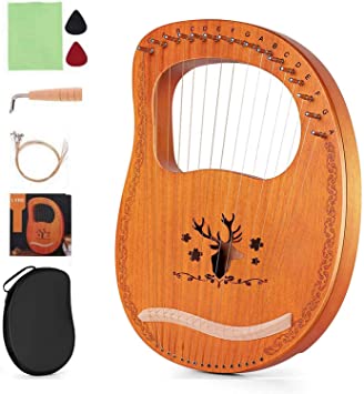 Lyre Harp16 Metal Strings, Harp Portable Lyre with String Tuning Wrench and Black Gig Bag, Mahogany Ancient Style Lyre Suitable for Music Lovers, Beginners, Children, Adults