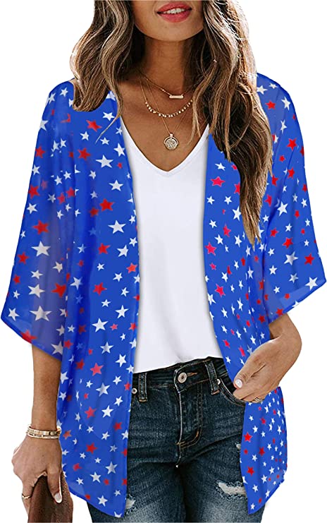 Women's Floral Print Puff Sleeve Kimono Cardigan Loose Cover Up Casual Blouse Tops