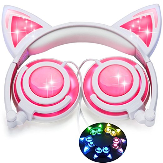 [Upgraded Version]Cat Ear Kids Headphones Rechargeable&LED Light Up Foldable Over Ear Headphones Headsets for Girls Boys,Compatible for iPad,Kids Tablet,Children Wearable Christmas Gift (New Cutepink)