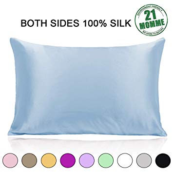 Ravmix Pure Silk Pillowcase for Hair and Skin with Hidden Zipper King Size 21 Momme 600 Thread Count Hypoallergenic Soft Breathable Both Sides Mulberry Silk Pillow Cover, 20×36inch, 1pcs, Light Blue