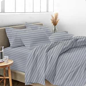 Queen Size 100% Egyptian Cotton 800 Thread Count 4 Piece Sheets Set - 18" Inch Deep Pocket, Smooth & Soft Sateen Weave, Premium Quality Hotel Bedding, Silver Stripe