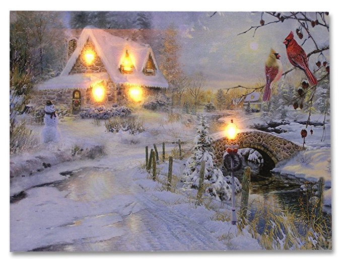 LED Canvas Art Print Wall Decoration - Village Cottages Along a Stream Christmas Scene with Cardinals and Snowman - Old Fashioned Cobblestone Bridge - 12x16 Inch