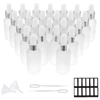 PrettyCare Eye Dropper Bottle 1 oz (24 Pack Frosted Clear Glass Bottles 30ml with Silver Caps, 48 Labels, Funnel & Measured Pipettes) Empty Tincture Bottles for Essential Oils