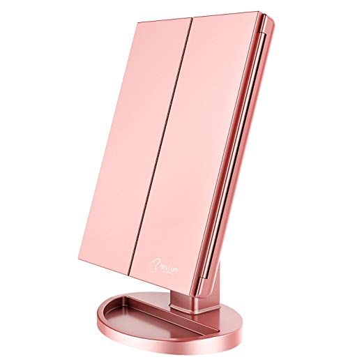 BESTOPE Makeup Vanity Mirror with Lights, 2X/3X Magnification, 21 Led Lighted Mirror with Touch Screen,180° Adjustable Rotation,Dual Power Supply,Portable Trifold Mirror