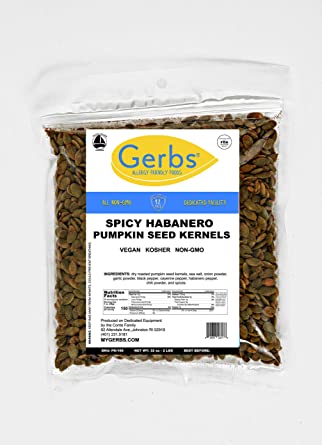 Habanero Seasoned Pumpkin Seed Kernels, 2 LBS by Gerbs – Top 14 Food Allergy Free & NON GMO - Vegan & Kosher - Dry Roasted Seasoned Premium Quality Seeds Grown in Mexico