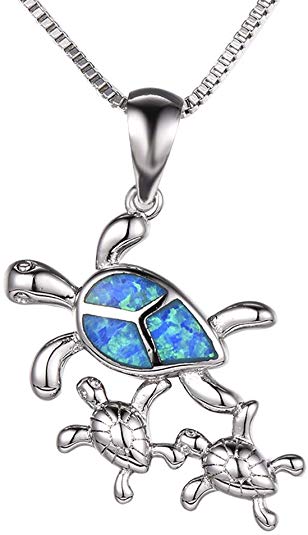 Health and Longevity Sea Turtle Birthstone Jewelry Sterling Silver Created Blue Opal Sea Turtle Earring Rings Pendant Necklace Length 18-20 inch