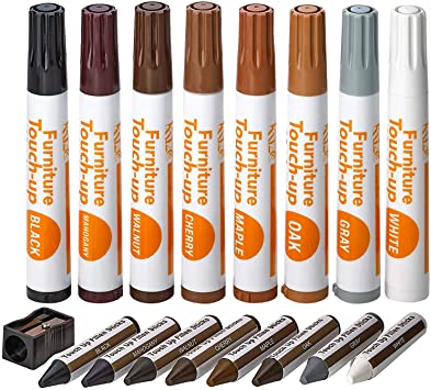 Katzco Furniture Repair Kit Wood Markers - Set of 17 - Markers and Wax Sticks with Sharpener - for Stains, Scratches, Floors, Tables, Desks, Carpenters, Bedposts, Touch-Ups, Cover-Ups, Molding Repair