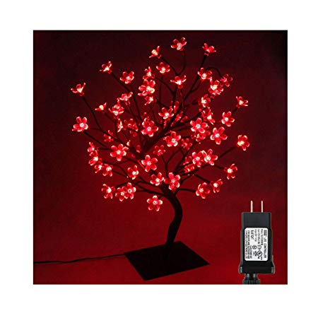 PMS 23inch 90 LEDs Cherry Blossom Tree Lights Desk Top Bonsai Tree Lamp with Low Voltage Transformer, Ideal for Christmas Wedding Party Bedroom Home Decoration (Red)