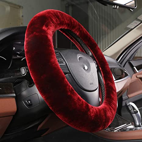Dotesy Pure Wool Auto Steering Wheel Cover Genuine Sheepskin Great Grip Anti-Slip Car Steering Wheel Cushion Protector Universal 15 inch for Car,Truck,SUV,etc. (Dark Red)