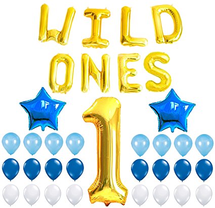 Wild Ones Birthday Decoration Kit, Blue and White Balloons Set, Perfect for 1st Bday Party Supplies, Girl or Boy, Number 1 Mylar, Latex Ballon