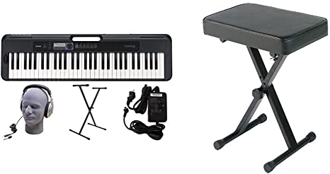 Casio CT-S300 61-Key Premium Keyboard Pack with Stand, Headphones & Power Supply (CAS CTS300 PPK) & YAMAHA PKBB1 Adjustable Padded Keyboard X-Style Bench, Black,19.5 Inches