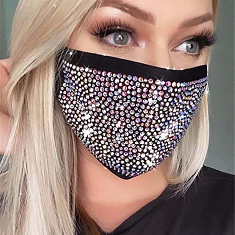 IYOU Glitter Crystal Mouth Cover Reusable Black Face Masks Bling Rhinestone Masquerade Face Cover Halloween Genie Costume Sparkly Decoration Jewelry for Women and Girls