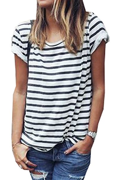 Hoyod Women's Round Neck Black and White Striped Short Sleeve Shirt Top