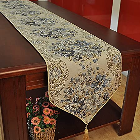 Hiendure Classic Embroidery European Style Tassel Dining Table Runners Sequined Lace Hotel Bed Coffee Table Runners 11inch98.4inch, Blue