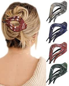 French Concord Curved Hair Claw Clips - 4Pcs Acrylic Clips for Women Thick Hair, Strong Hold (Shine Marble: Red/Green/Brown/Royal Blue)