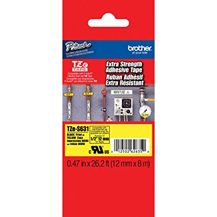 Brother Extra Strength Tape, Retail Packaging, 1/2 Inch, Black on Yellow (TZeS631) - Retail Packaging