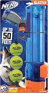 Nerf Dog Compact Tennis Ball Blaster Gift Set, Great for Fetch, Hands-Free Reload, Launches up to 50 ft, Single Unit, Includes 3 Balls, 4791, Translucent Blue