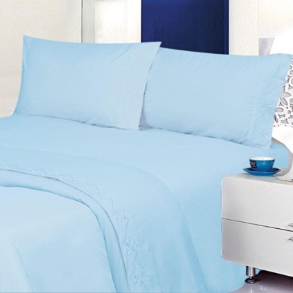 ITALIAN Deluxe 1800 Thread Count Bed Sheet Set - Embroidered Sheet Set - Full Size, Light Blue