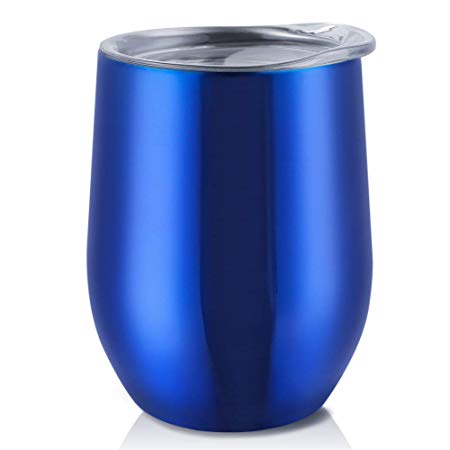 Antner 12 oz Stemless Wine Glass Tumbler Double-insulated Stainless Steel Wine Cup with Press-In Lid Home Office Tumbler Cup for Wine Coffee Drinks Champagne and Cocktails, Blue