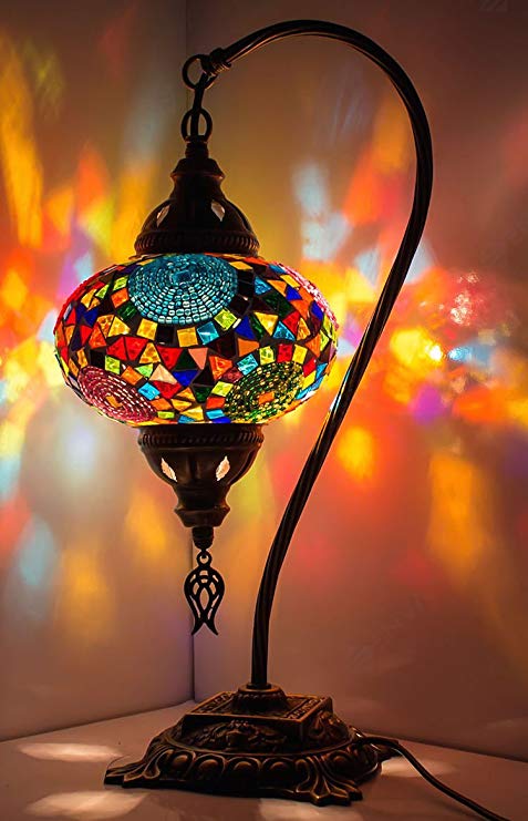 New* BOSPHORUS Stunning Handmade Swan Neck Turkish Moroccan Mosaic Glass Table Desk Bedside Lamp Light with Bronze Base (Multi-colored)